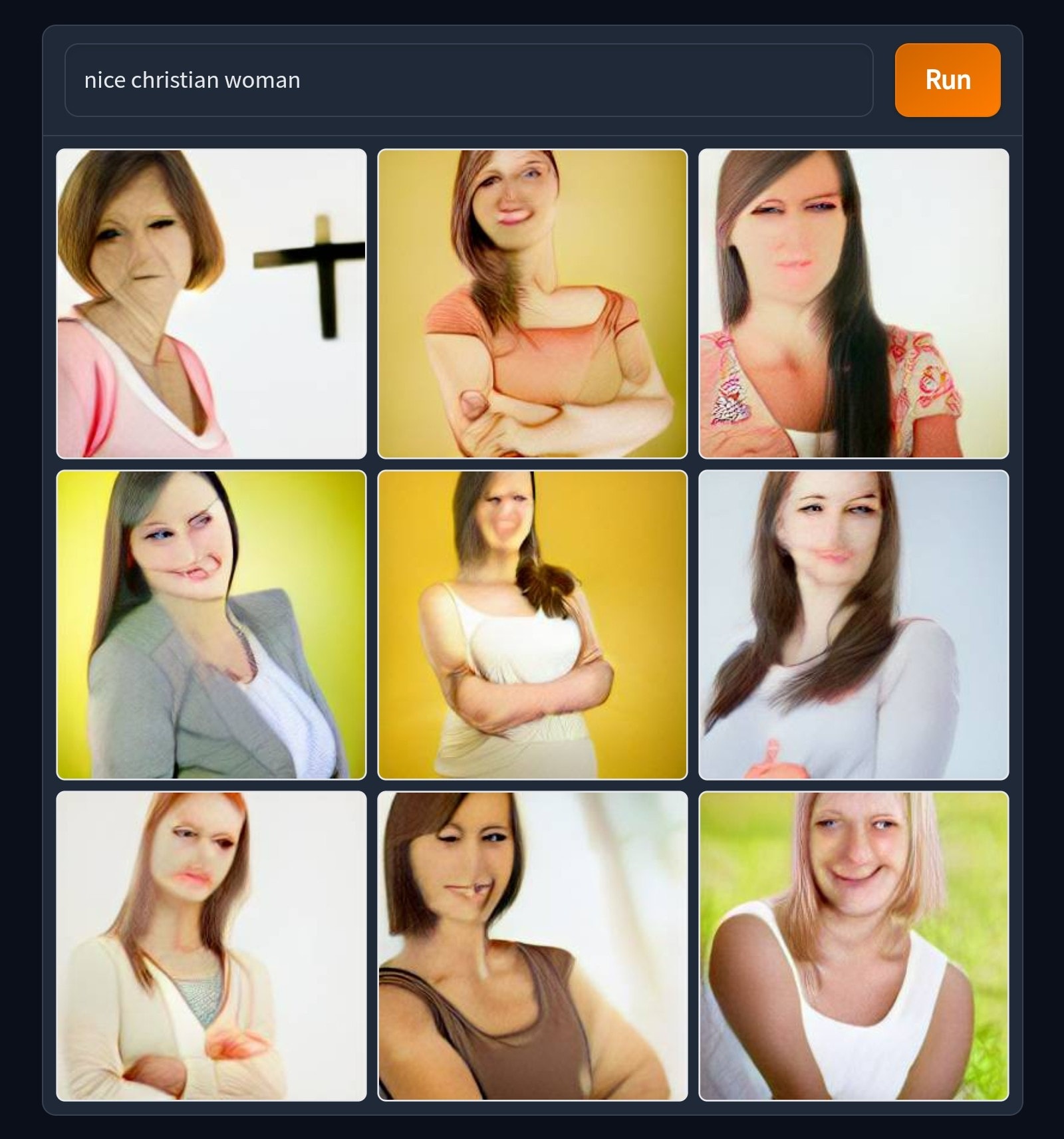 The meme is a screenshot of a "Meme Generator" interface, with a prompt to "Create Meme" and a "Run" button. The prompt text is "nice christian woman", and the generator is attempting to create a humorous image based on this phrase. However, the generated image is a series of silly, distorted, and often provocative images, with no clear or coherent visual representation of a "nice Christian woman".